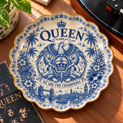 Queen Jewelry Dish – We Are the Champions Ceramic Trinket Tray, Vintage Blue & White Royal Crest Ring Holder
