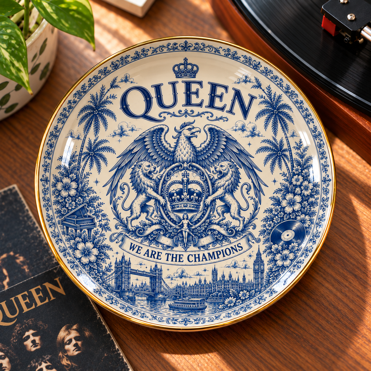 Queen Jewelry Dish – We Are the Champions Ceramic Trinket Tray, Vintage Blue & White Royal Crest Ring Holder
