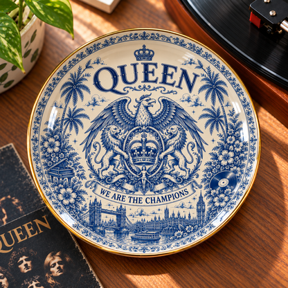 Queen Jewelry Dish – We Are the Champions Ceramic Trinket Tray, Vintage Blue & White Royal Crest Ring Holder