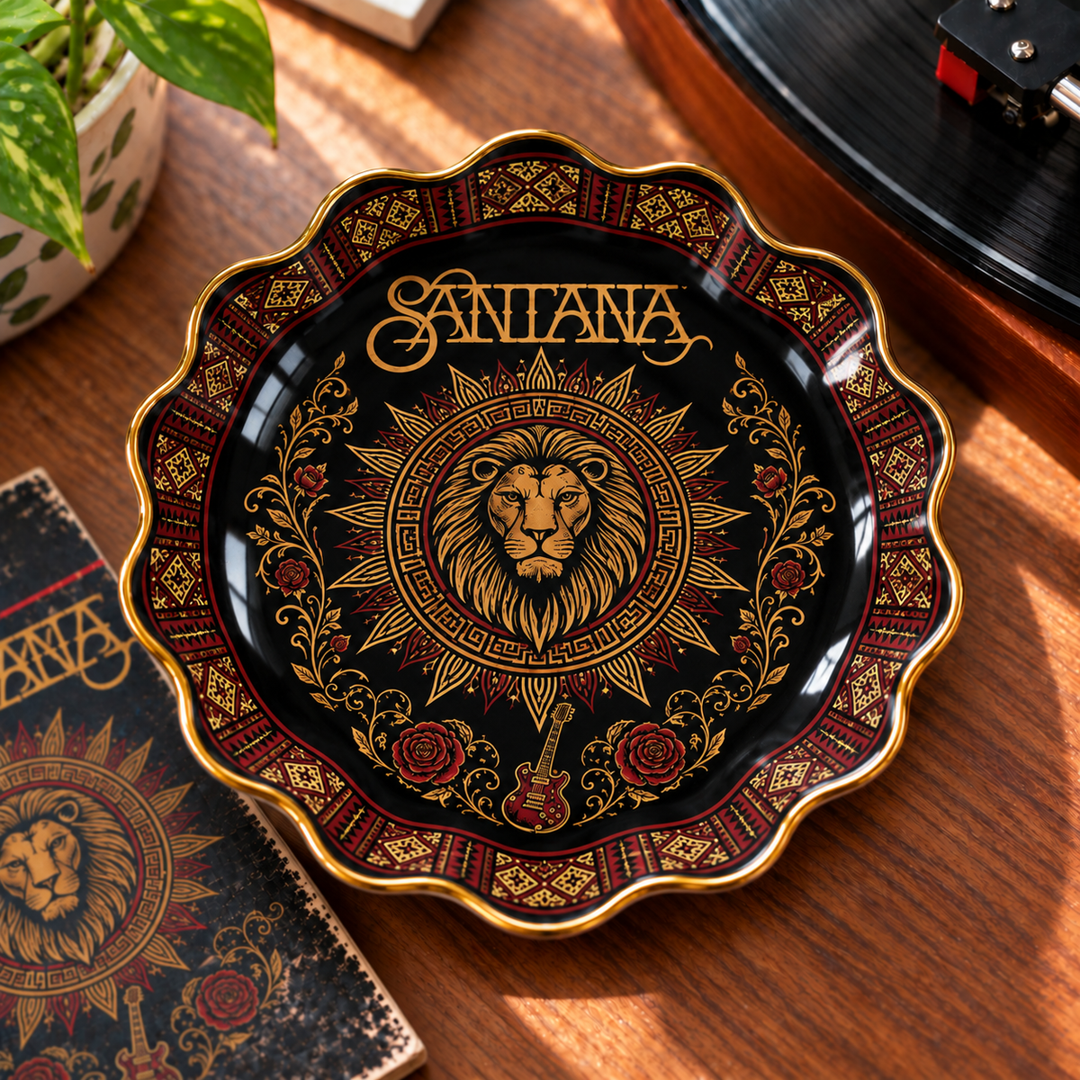 Santana Jewelry Dish – Vintage Black & Gold Lion Ceramic Trinket Tray, Latin Rock Music Ring Holder