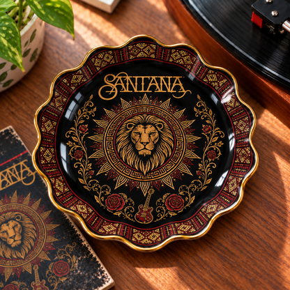 Santana Jewelry Dish – Vintage Black & Gold Lion Ceramic Trinket Tray, Latin Rock Music Ring Holder