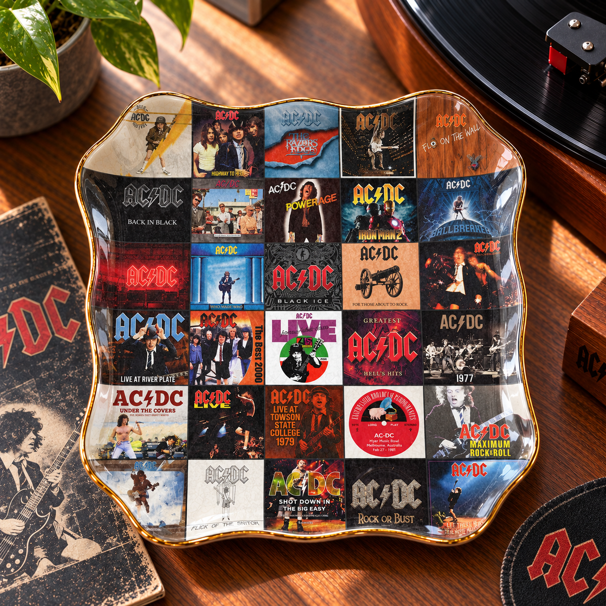 AC/DC Ceramic Ring Dish - Band Album Cover Trinket Tray, Gold-Rimmed Jewelry Holder & Hard Rock Fan Gift