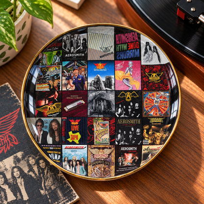 Aerosmith Album Cover Jewelry Dish – Vintage Rock Music Collage Trinket Tray, Wavy Ceramic Ring Holder, Gold Rim Jewelry Organizer, Classic Rock Fan Gift