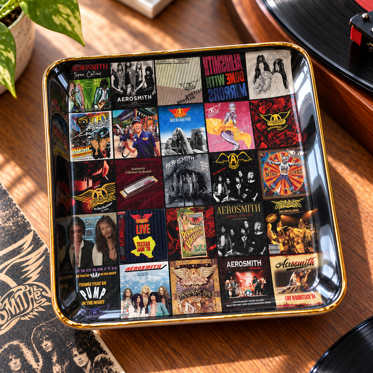 Aerosmith Album Cover Jewelry Dish – Vintage Rock Music Collage Trinket Tray, Wavy Ceramic Ring Holder, Gold Rim Jewelry Organizer, Classic Rock Fan Gift