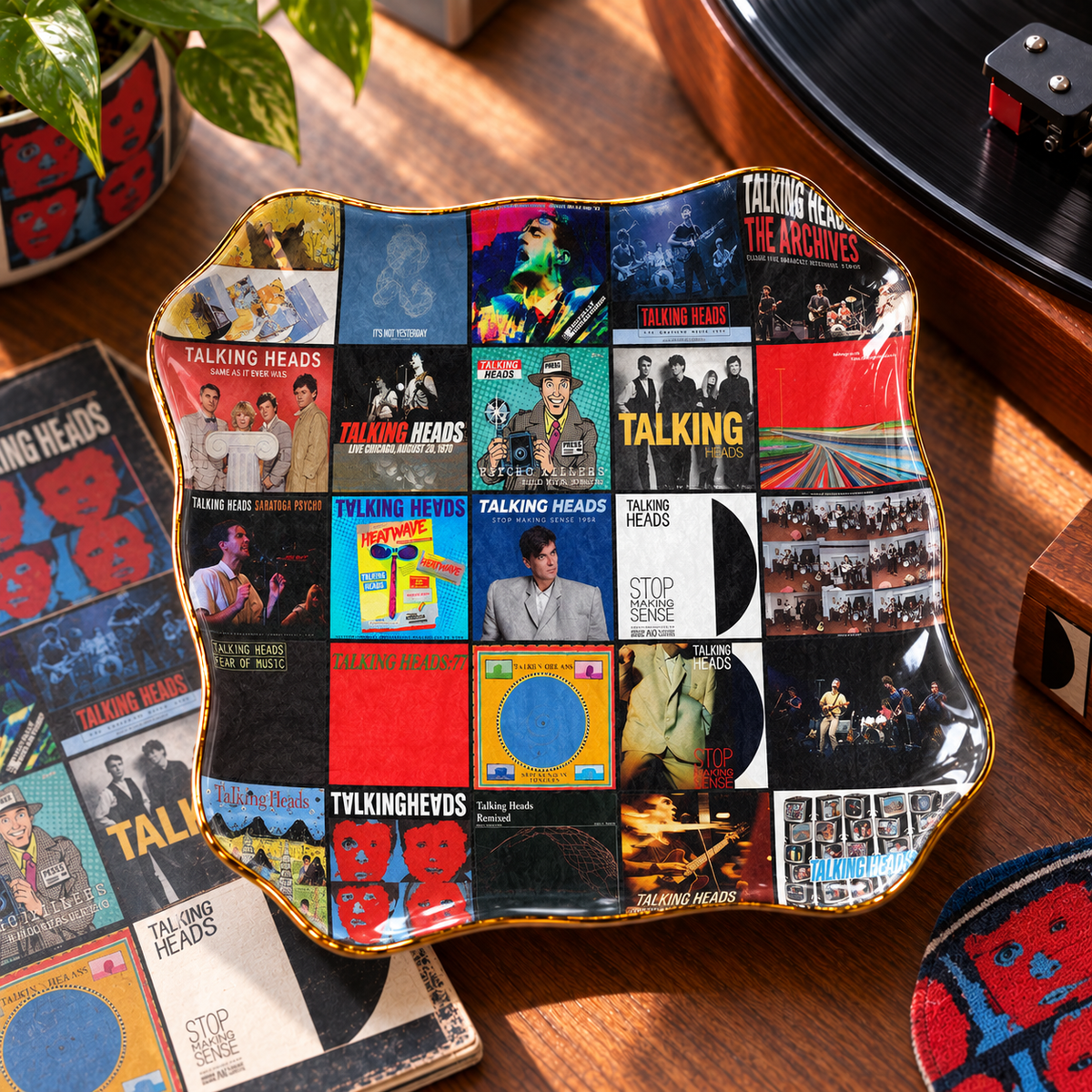 Talking Heads Ceramic Ring Dish - Album Cover Trinket Tray, Gold-Rimmed Jewelry Holder & New Wave Fan Gift