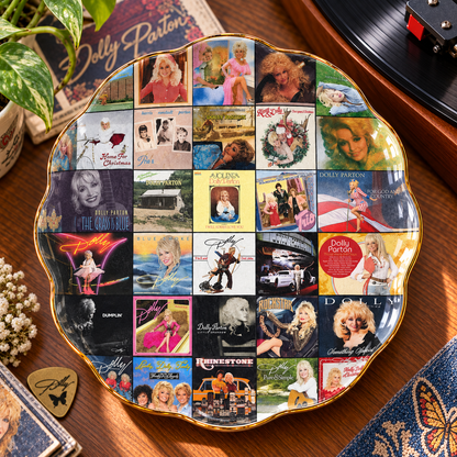 Dolly Parton Ceramic Ring Dish - Round Album Cover Trinket Tray, Gold-Rimmed Jewelry Holder & Country Fan Gift
