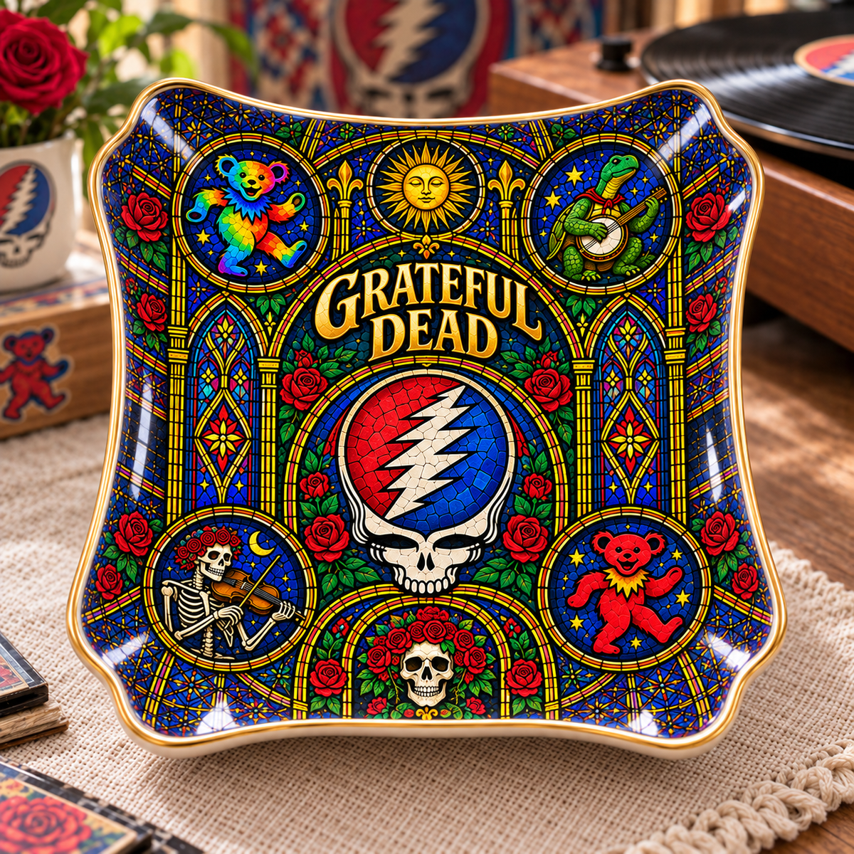 Grateful Dead Ceramic Ring Dish - Jam Band Stained Glass Jewelry Tray, Steal Your Face Trinket Dish Fan Gift