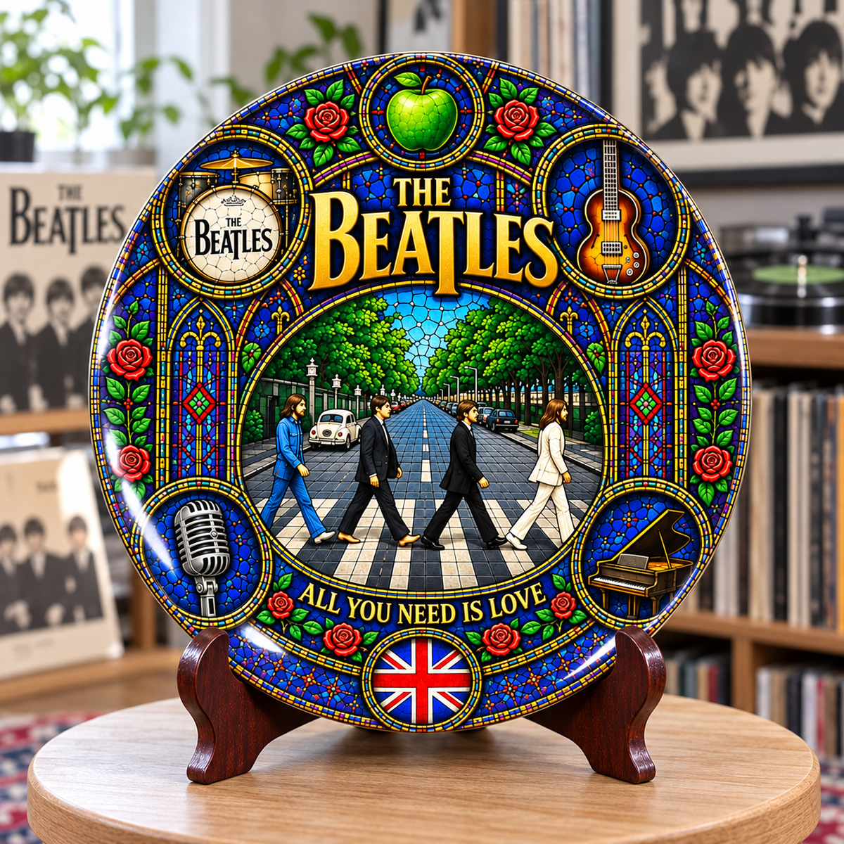 The Beatles Stained Glass Ceramic Plate - Decorative Wall & Table Display Dish, Abbey Road All You Need Is Love Rock Fan Gift
