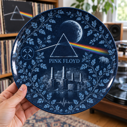Pink Floyd Toile de Jouy Ceramic Plate - Decorative Wall & Table Display Dish, Blue Dark Side of the Moon Rock Fan Gift