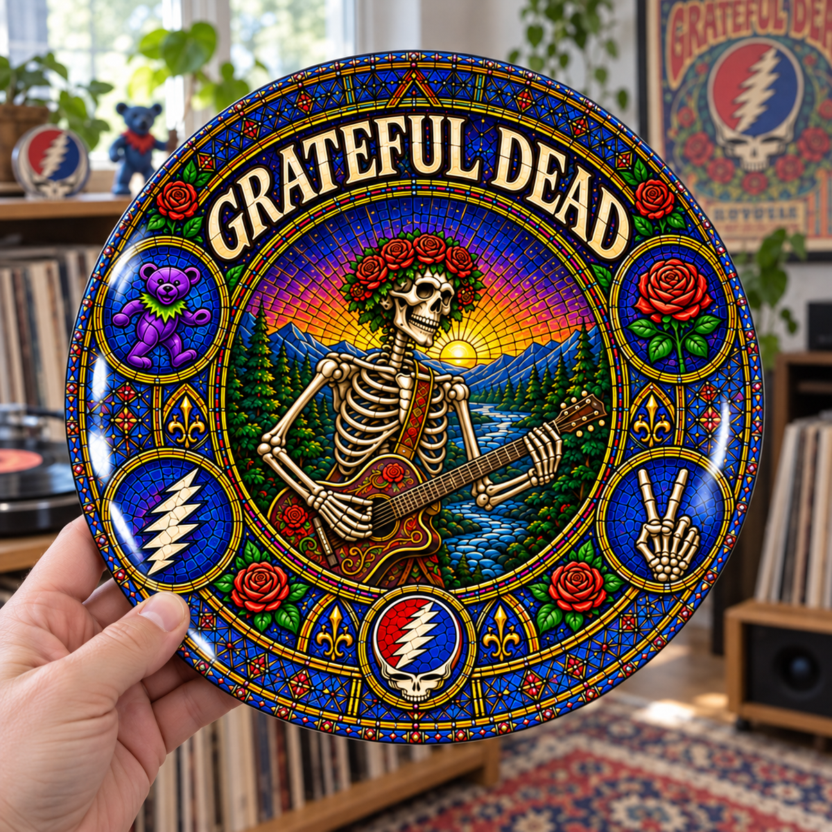 Grateful Dead Stained Glass Ceramic Plate - Decorative Wall & Table Display Dish, Skeleton Guitar Rock Fan Gift