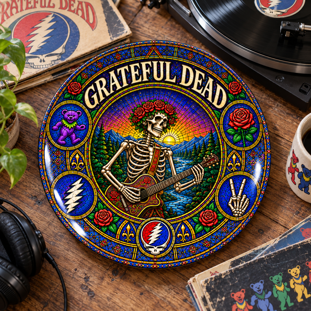 Grateful Dead Stained Glass Ceramic Plate - Decorative Wall & Table Display Dish, Skeleton Guitar Rock Fan Gift
