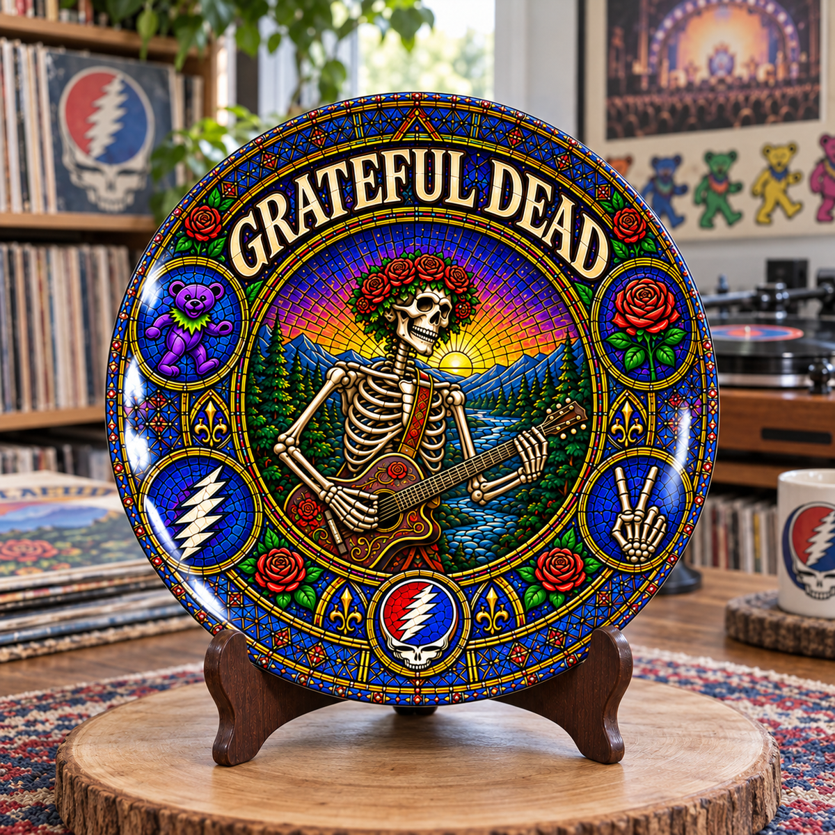 Grateful Dead Stained Glass Ceramic Plate - Decorative Wall & Table Display Dish, Skeleton Guitar Rock Fan Gift