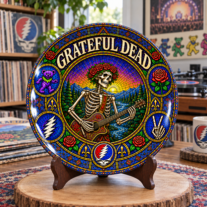 Grateful Dead Stained Glass Ceramic Plate - Decorative Wall & Table Display Dish, Skeleton Guitar Rock Fan Gift