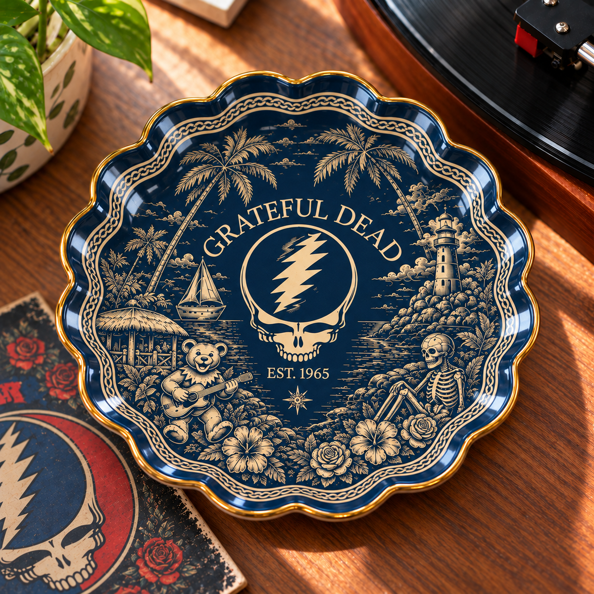 Grateful Dead Jewelry Dish – Navy Blue Steal Your Face Skull Trinket Tray, Vintage Gold Ceramic Ring Holder