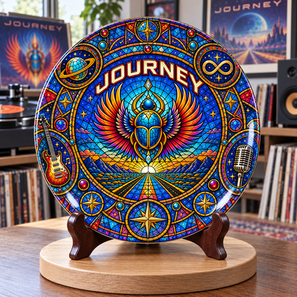 Journey Stained Glass Ceramic Plate - Decorative Wall & Table Display Dish, Scarab Beetle Don't Stop Believin' Rock Fan Gift