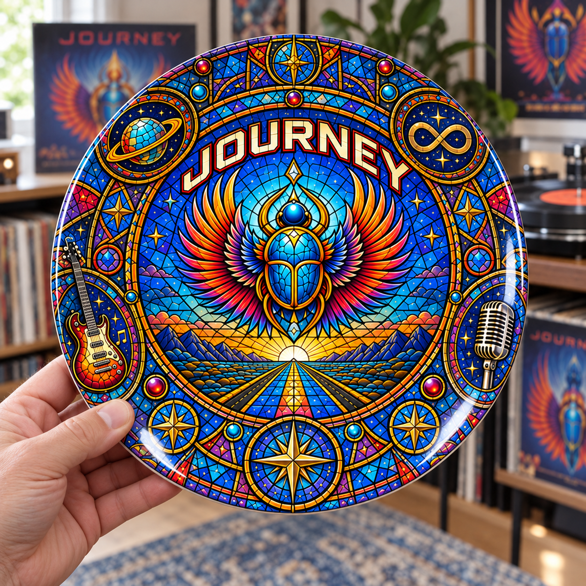 Journey Stained Glass Ceramic Plate - Decorative Wall & Table Display Dish, Scarab Beetle Don't Stop Believin' Rock Fan Gift