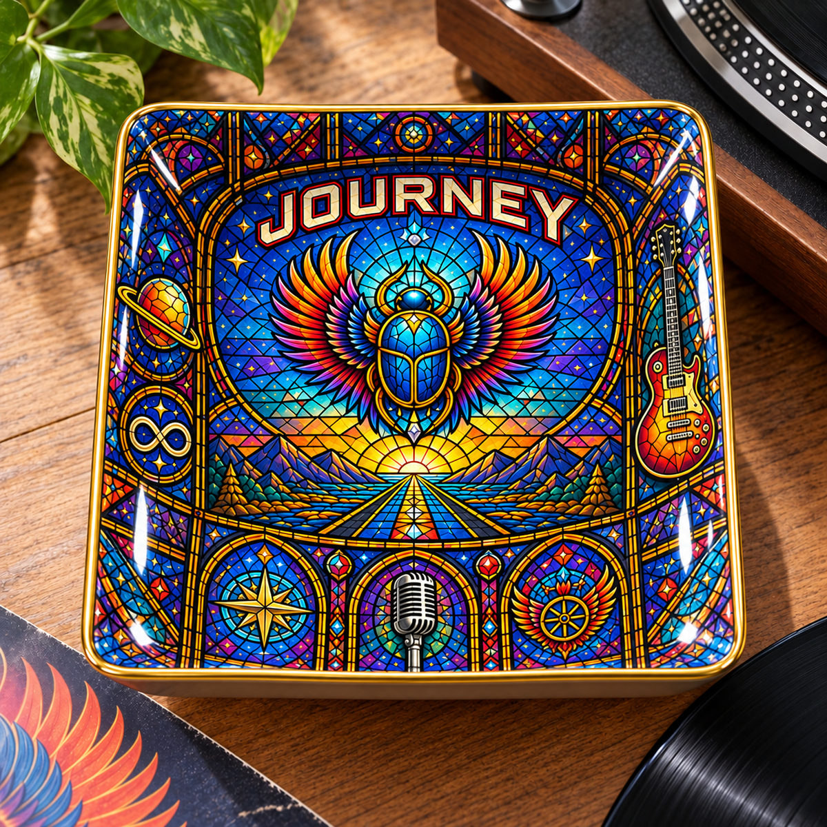Journey Ceramic Jewelry Dish - Stained Glass Scarab Beetle Trinket Tray, Classic Rock Music Fan Gift & Room Decor