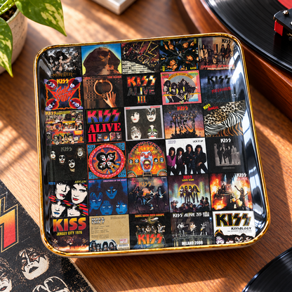 KISS Album Cover Jewelry Dish – Vintage Rock Music Collage Trinket Tray, Wavy Ceramic Ring Holder