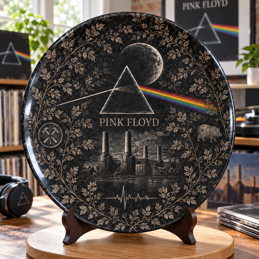 Pink Floyd Toile de Jouy Ceramic Plate - Decorative Wall & Table Display Dish, Blue Dark Side of the Moon Rock Fan Gift