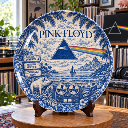 Pink Floyd Toile de Jouy Ceramic Plate - Decorative Wall & Table Display Dish, Blue Dark Side of the Moon Rock Fan Gift