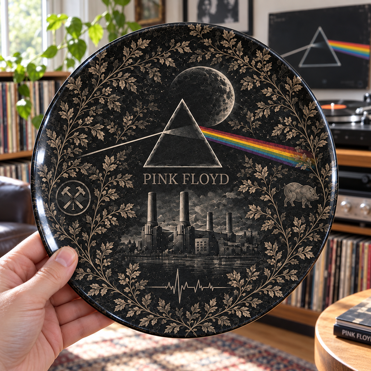 Pink Floyd Toile de Jouy Ceramic Plate - Decorative Wall & Table Display Dish, Blue Dark Side of the Moon Rock Fan Gift