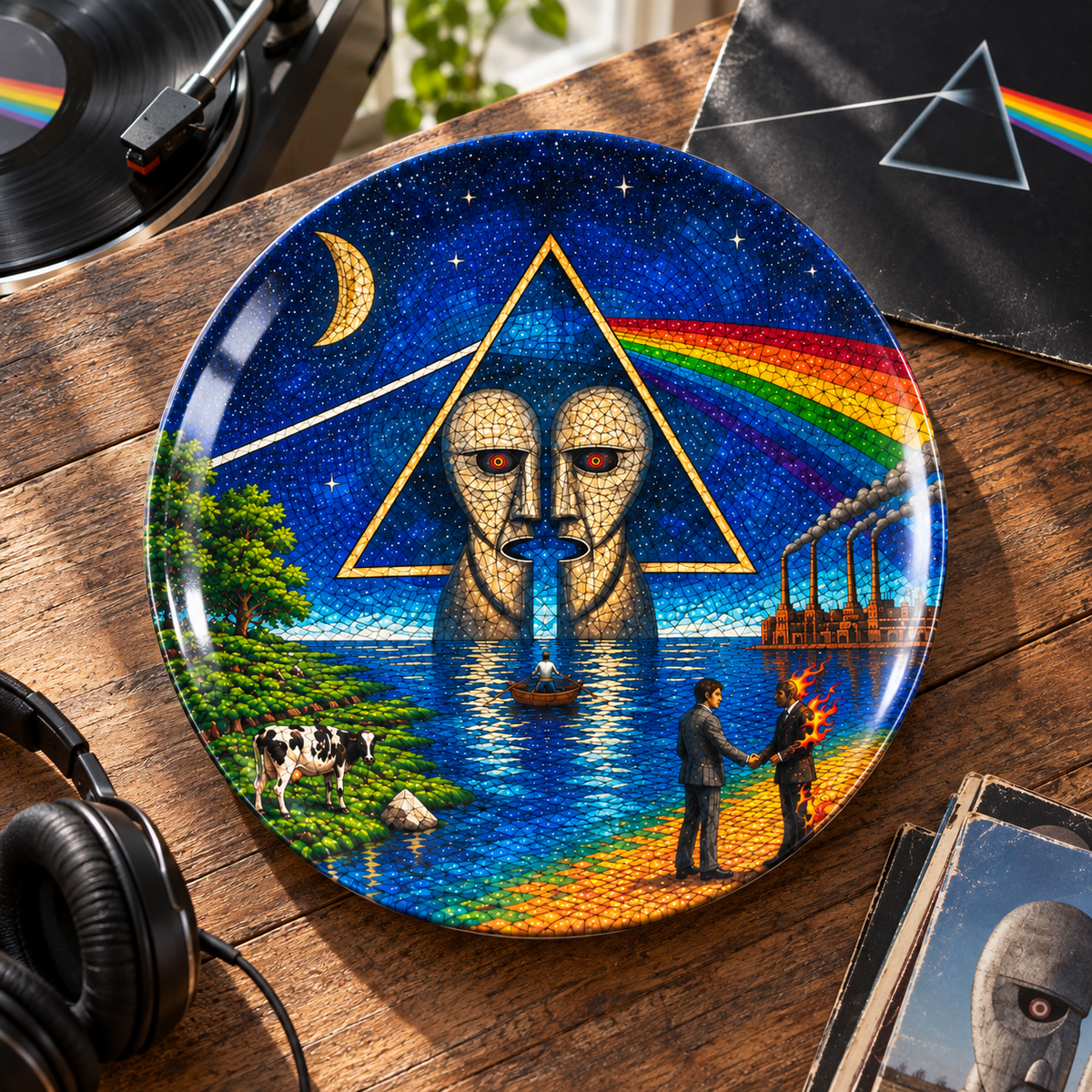 Pink Floyd Stained Mosaic Ceramic Plate - Decorative Wall & Table Display Dish, Dark Side Division Bell Rock Fan Gift