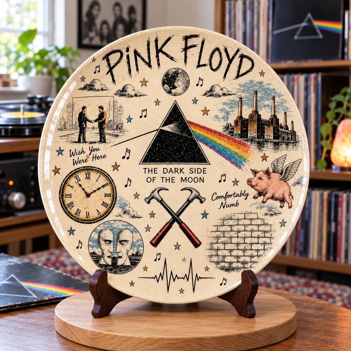 Pink Floyd Sketch Art Ceramic Plate - Decorative Wall & Table Display Dish, Dark Side of the Moon Wish You Were Here Rock Fan Gift