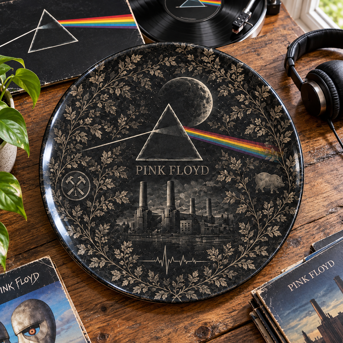 Pink Floyd Toile de Jouy Ceramic Plate - Decorative Wall & Table Display Dish, Blue Dark Side of the Moon Rock Fan Gift