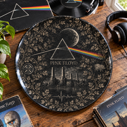 Pink Floyd Toile de Jouy Ceramic Plate - Decorative Wall & Table Display Dish, Blue Dark Side of the Moon Rock Fan Gift