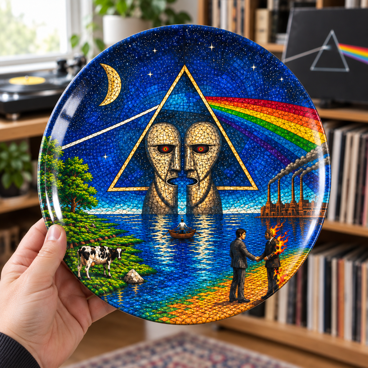 Pink Floyd Stained Mosaic Ceramic Plate - Decorative Wall & Table Display Dish, Dark Side Division Bell Rock Fan Gift