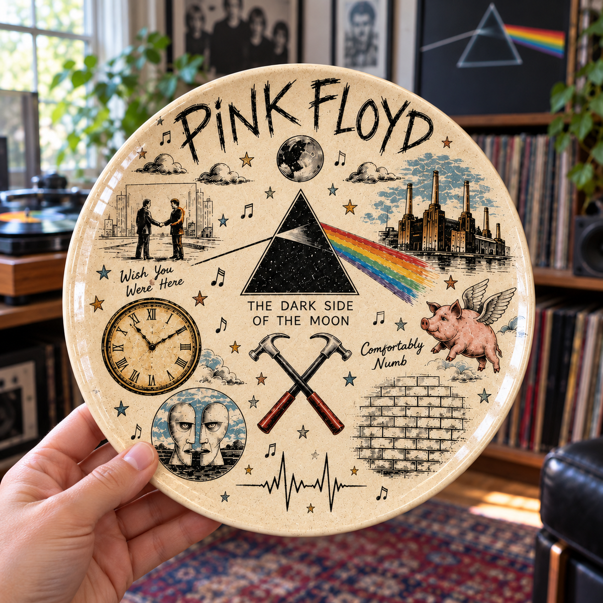 Pink Floyd Sketch Art Ceramic Plate - Decorative Wall & Table Display Dish, Dark Side of the Moon Wish You Were Here Rock Fan Gift