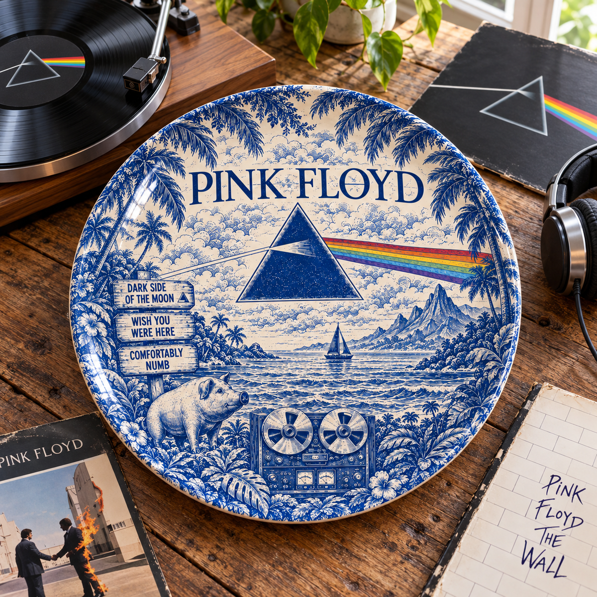 Pink Floyd Toile de Jouy Ceramic Plate - Decorative Wall & Table Display Dish, Blue Dark Side of the Moon Rock Fan Gift