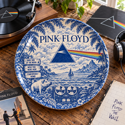 Pink Floyd Toile de Jouy Ceramic Plate - Decorative Wall & Table Display Dish, Blue Dark Side of the Moon Rock Fan Gift