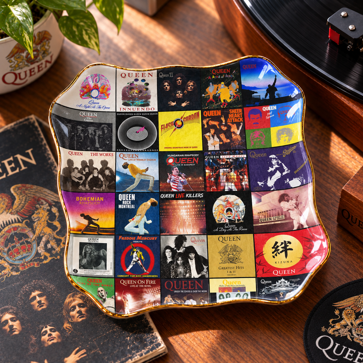 Queen Ceramic Ring Dish - Classic Rock Album Cover Trinket Tray, Gold-Rimmed Jewelry Holder & Band Gift
