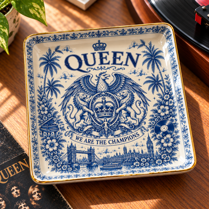 Queen Jewelry Dish – We Are the Champions Ceramic Trinket Tray, Vintage Blue & White Royal Crest Ring Holder