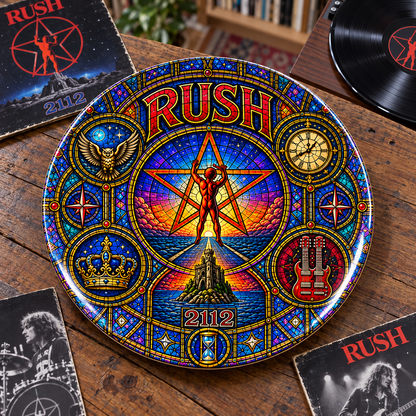 Rush Stained Glass Ceramic Plate - Decorative Wall & Table Display Dish, 2112 Starman Fly By Night Rock Fan Gift