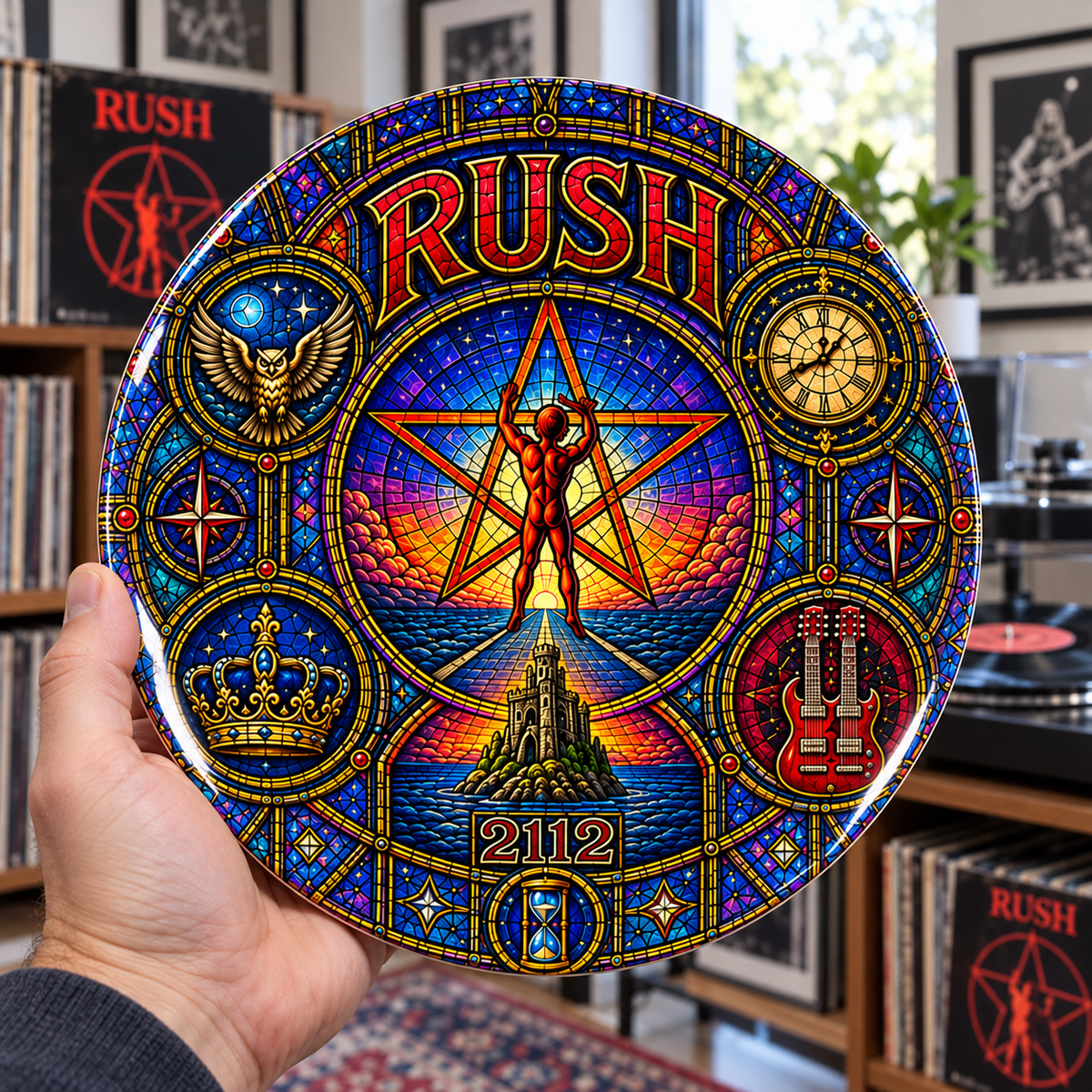Rush Stained Glass Ceramic Plate - Decorative Wall & Table Display Dish, 2112 Starman Fly By Night Rock Fan Gift