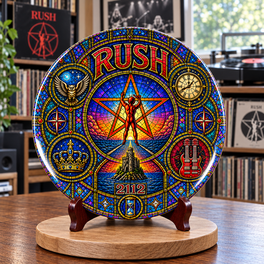 Rush Stained Glass Ceramic Plate - Decorative Wall & Table Display Dish, 2112 Starman Fly By Night Rock Fan Gift