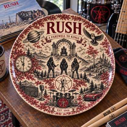 Rush Red Toile de Jouy Ceramic Plate - Decorative Display Dish, Classic Prog Rock A Farewell to Kings Home Decor Fan Gift