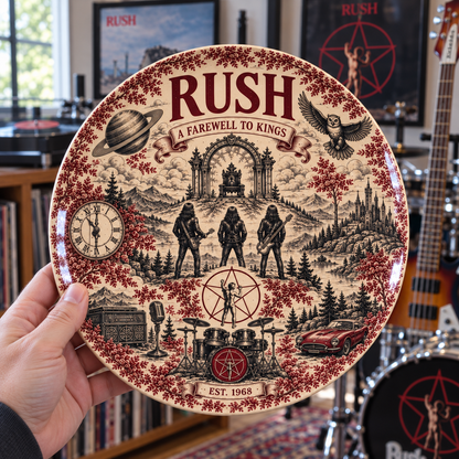 Rush Red Toile de Jouy Ceramic Plate - Decorative Display Dish, Classic Prog Rock A Farewell to Kings Home Decor Fan Gift