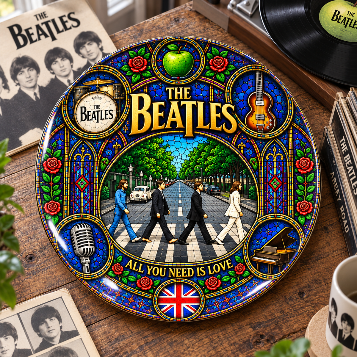 The Beatles Stained Glass Ceramic Plate - Decorative Wall & Table Display Dish, Abbey Road All You Need Is Love Rock Fan Gift
