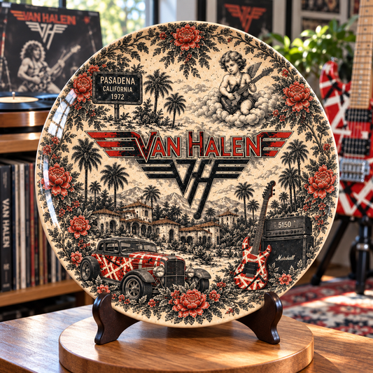 Van Halen Toile de Jouy Ceramic Plate - Decorative Wall & Table Display Dish, Red Frankie Guitar 5150 Hard Rock Fan Gift