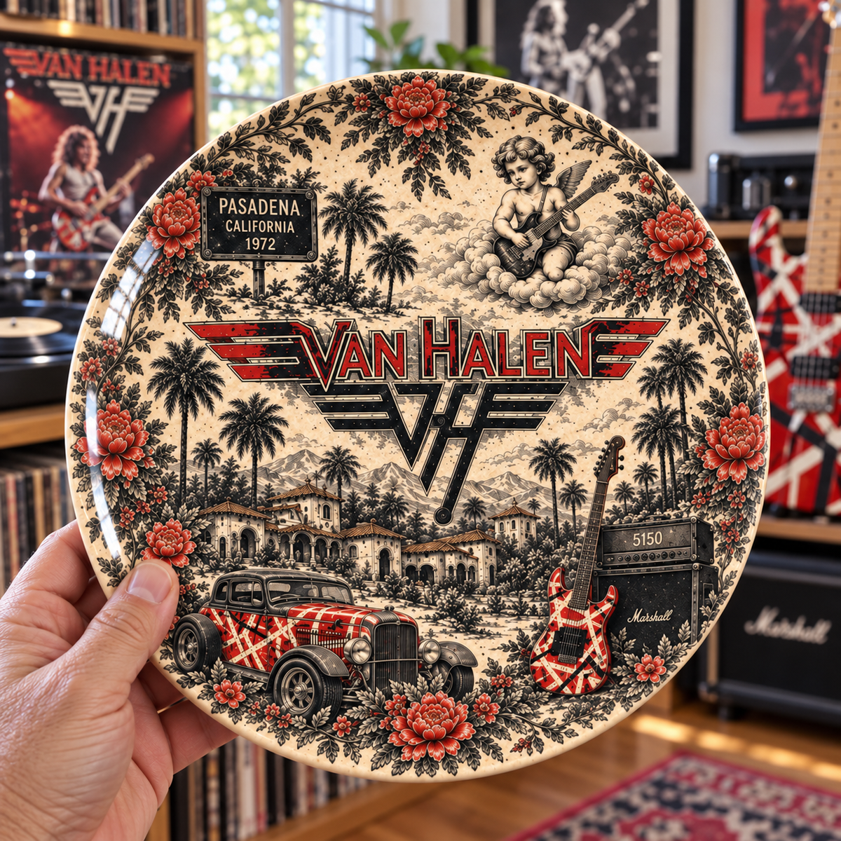 Van Halen Toile de Jouy Ceramic Plate - Decorative Wall & Table Display Dish, Red Frankie Guitar 5150 Hard Rock Fan Gift