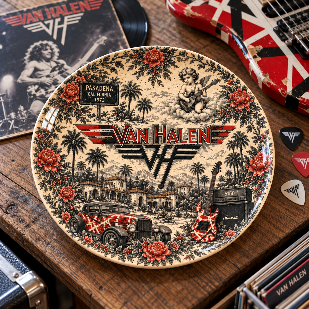 Van Halen Toile de Jouy Ceramic Plate - Decorative Wall & Table Display Dish, Red Frankie Guitar 5150 Hard Rock Fan Gift