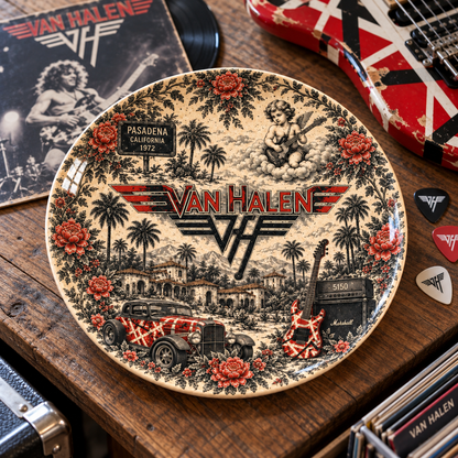 Van Halen Toile de Jouy Ceramic Plate - Decorative Wall & Table Display Dish, Red Frankie Guitar 5150 Hard Rock Fan Gift