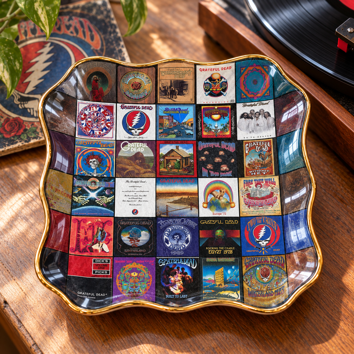Grateful Dead Album Cover Jewelry Dish – Vintage Psychedelic Rock Collage Trinket Tray, Wavy Ceramic Ring Holder