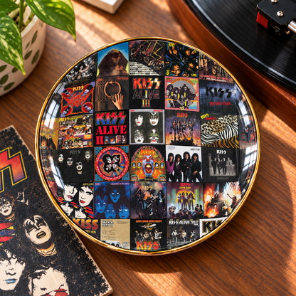 KISS Album Cover Jewelry Dish – Vintage Rock Music Collage Trinket Tray, Wavy Ceramic Ring Holder