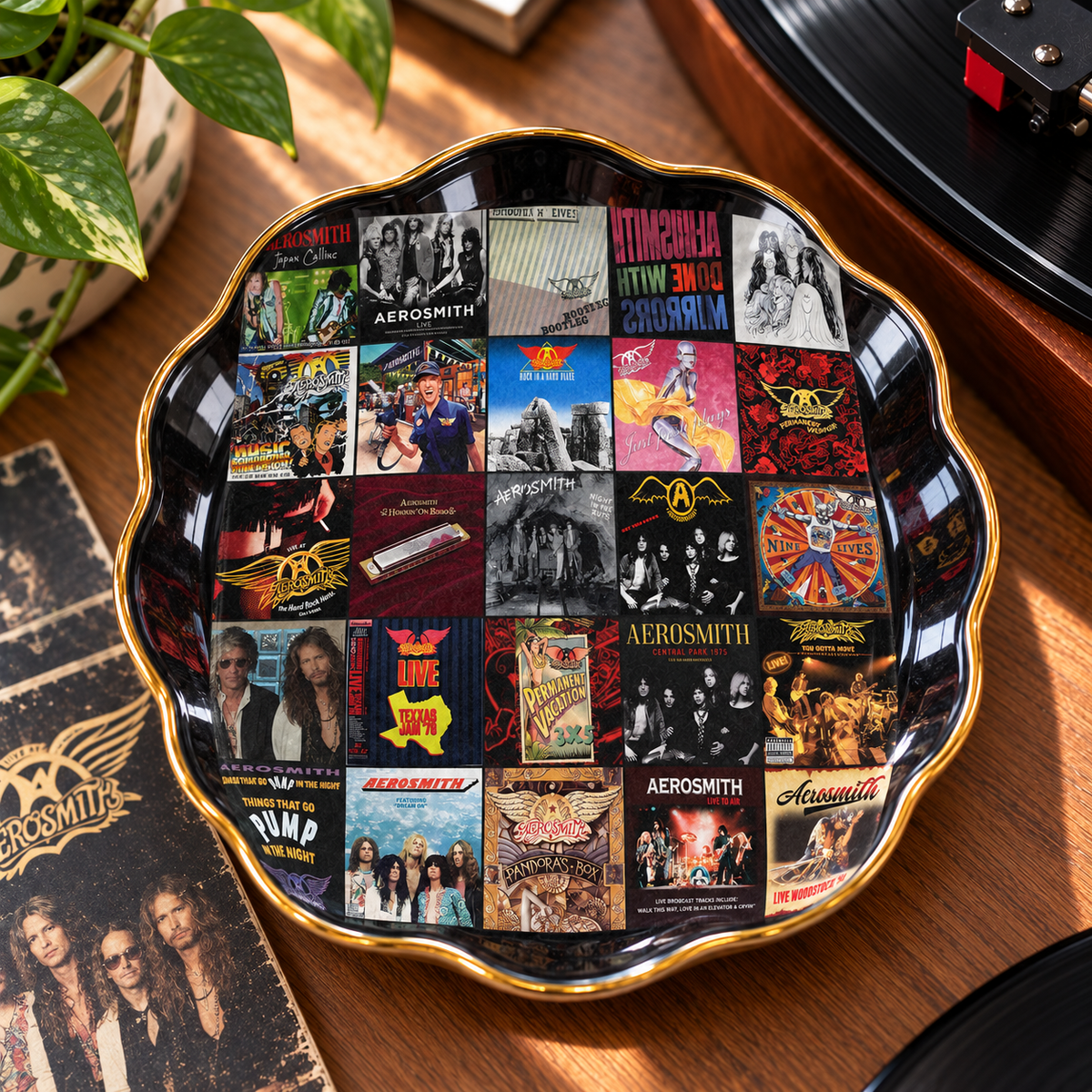 Aerosmith Album Cover Jewelry Dish – Vintage Rock Music Collage Trinket Tray, Wavy Ceramic Ring Holder, Gold Rim Jewelry Organizer, Classic Rock Fan Gift