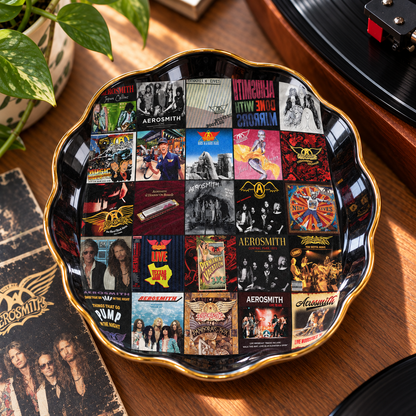Aerosmith Album Cover Jewelry Dish – Vintage Rock Music Collage Trinket Tray, Wavy Ceramic Ring Holder, Gold Rim Jewelry Organizer, Classic Rock Fan Gift