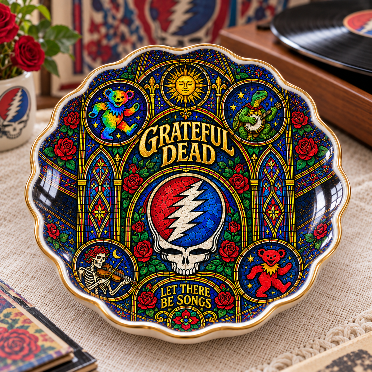 Grateful Dead Ceramic Ring Dish - Jam Band Stained Glass Jewelry Tray, Steal Your Face Trinket Dish Fan Gift